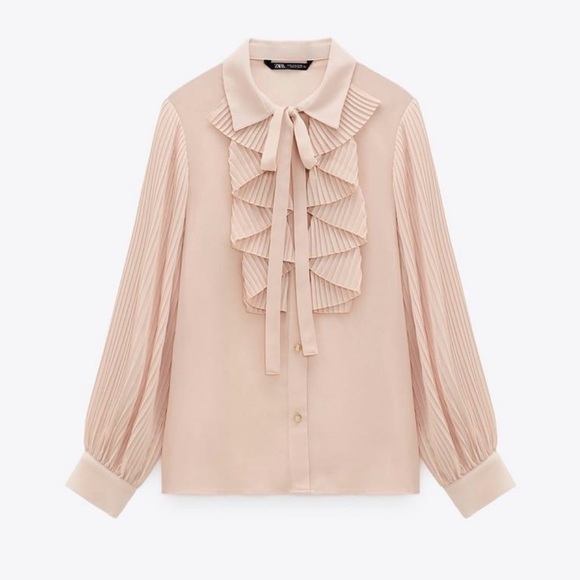 Zara Tops - Zara Womens Ruffle Tie Neck Sheer Pleated Blouse Blush Feminine Size Small NWT